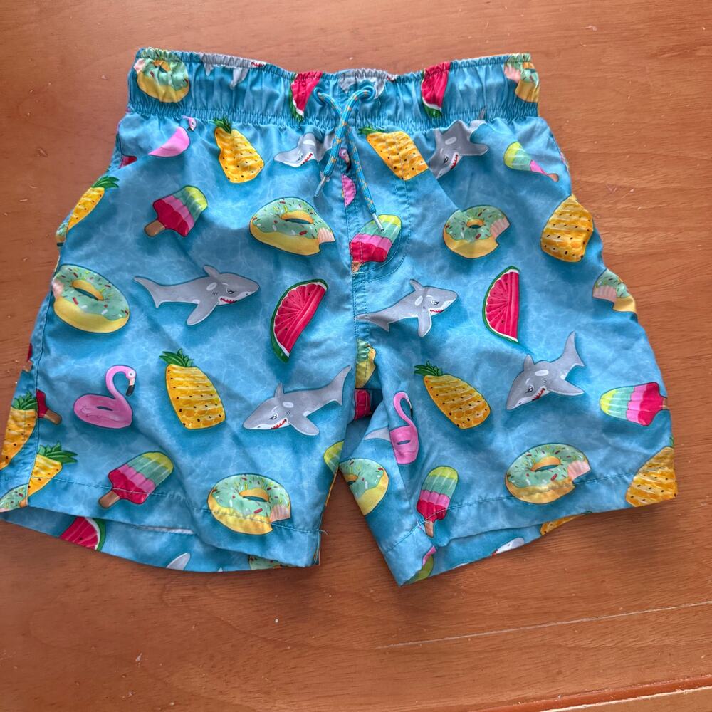 Primark Swim Trunks Board Shorts Boys 7 8 Blue Shark Fruit Print